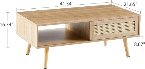 Vista 2 de IANIYA Mesa de centro moderna con almacenamiento, mesa rectangular de 41.3 pulgadas con centro de madera con puerta corrediza tejida de ratán PE