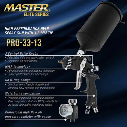Vista 2 de Master Elite PRO-33 HVLP - Pistola pulverizadora de pintura de alto rendimiento con punta de 0.051 pulgadas, taza de 1 litro, calibre regulador