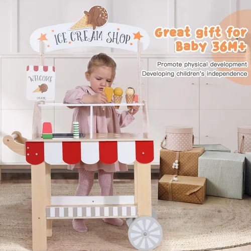 Vista 7 de Labebe Carrito de Helados de Madera para Niños, Camión de Helados para Niños Pequeños con Tirador, Juego de Simulación con Pizarra, Campanilla