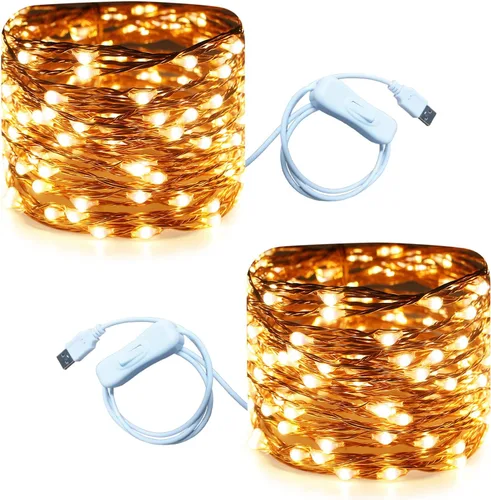 Vista 13 de RUICHEN Guirnalda de luces LED USB de 20 pies con interruptor de encendido/apagado, luces de alambre de cobre impermeables para dormitorio, pared