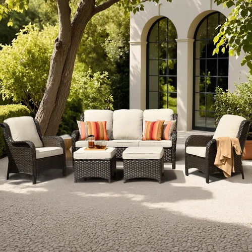 Vista 54 de Juego de muebles de exterior para patio, silla y sofá (ratán marrón, beige, 3 piezas)