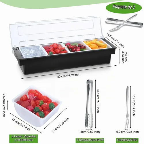 Vista 2 de Bandeja para decorar frutas con tapa, pinzas y tenedores, 4 compartimentos Chilled Condiment Container for Bartender, Removable Compartments Keep