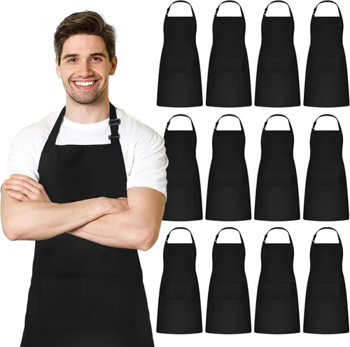 Vista 15 de Adjustable Bib Apron 100% Polyester Kitchen Aprons Waterdrop Resistant Aprons with Adjustable Strap, Pockets & Long Ties