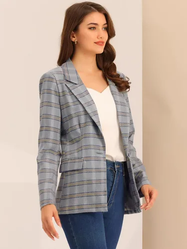 Vista 3 de Allegra K Chaqueta tipo blazer a cuadros con solapa con muescas y un botón para mujer