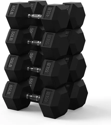 Vista 14 de PAPABABE Juego de mancuernas hexagonales de 45 a 550 libras, mancuernas de gimnasio en casa con revestimiento de goma, mancuernas para mujeres