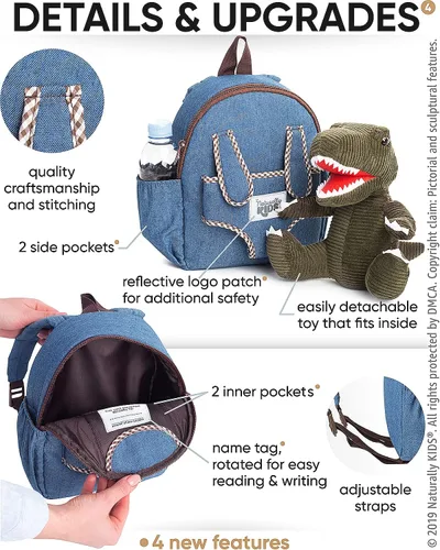 Vista 4 de Naturally KIDS Mochila para niños y niñas con animales de peluche regalos para niños de 3 4 5 6 7 años 02 Pequeño Verde T Rex Viajar