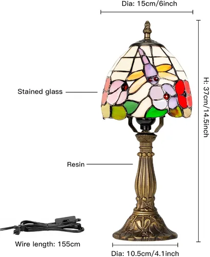 Vista 9 de Lámpara de mesa pequeña estilo Tiffany, lámpara de vidrio teñido antiguo de 5 pulgadas, lámpara de mesa de noche para escritorio, para dormitorio