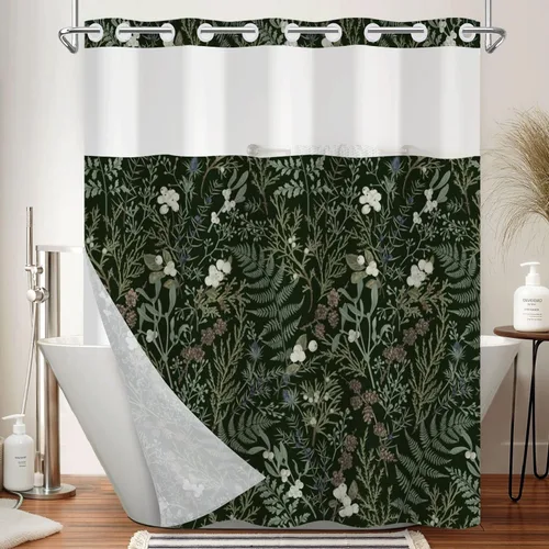 Vista 31 de No Hook Geometric Shower Curtain with Snap in Liner - 71″W x 74″L Waterproof Fabric with Mesh Top Window, Modern Abstract Triangle Design Bath