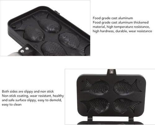Vista 2 de Máquina para hacer gofres, con 4 cuencos, pescado Taiyaki, máquina para pasteles con revestimiento antiadherente, mango antiquemaduras, soporte