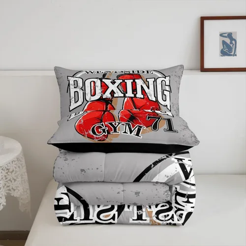 Vista 5 de Juego de edredón de boxeo, juego de ropa de cama con temática deportiva de gimnasio para niños, adultos, hombres, patrón de guantes de boxeo rojos