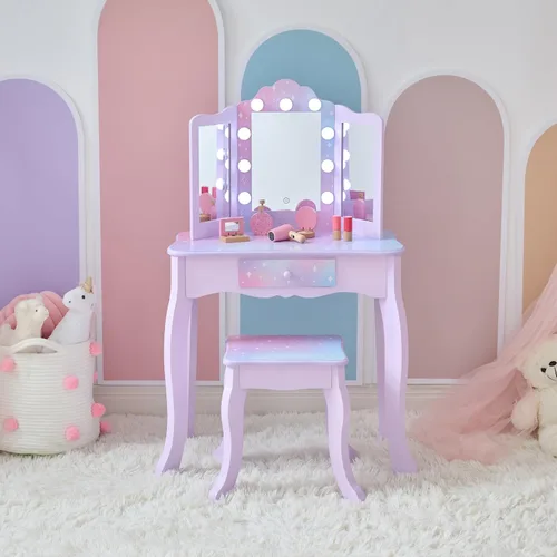 Vista 14 de Teamson Kids Juego de tocador de estrellas con luces LED para niñas, mesa de maquillaje rosa de 2 piezas para niños con espejo, 3 cajones