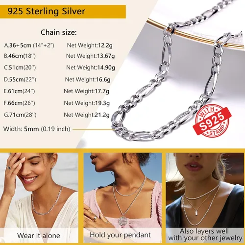 Vista 6 de PROSTEEL 925 Sterling Silver Cuban Link Chain Necklace, Dainty Figaro Chains, Solid & Shiny, 3mm5mm, 14-28 inch, Come Gift Box