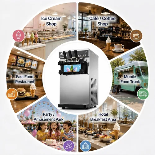 Vista 5 de Countertop 18-25kg/H Yield Soft Serve Ice Cream Machine, Commercial Three Flavor Ice Cream Maker, 3.5L x 2 Hopper with LED Panel Auto Clean, Perfect