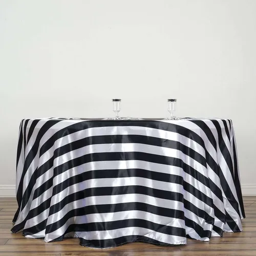Vista 5 de Efavormart - Mantel redondo de satén a rayas blancas y negras de 120 pulgadas sin costuras para decoración de bodas, fiestas, eventos Negro