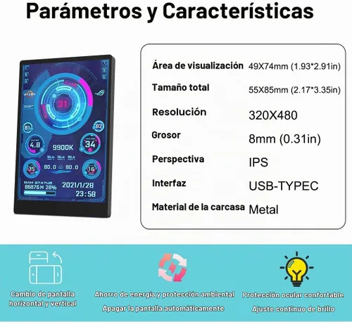 Vista 5 de WOWNOVA Monitor de temperatura de computadora versión en inglés, pantalla ARGB para PC, Mini pantalla IPS USB, monitor de datos HDD CPU RAM