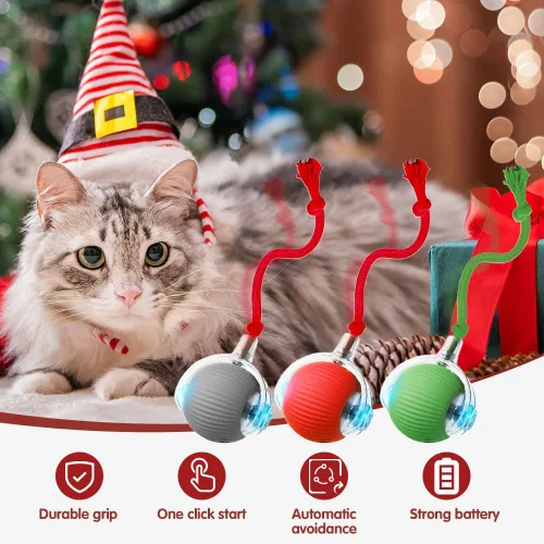 Vista 7 de Juguetes inteligentes para gatos de interior para adultos - Bolas rodantes interactivas con cordón imitación de ratón (Rojo)