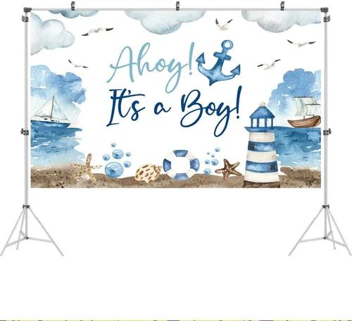 Vista 2 de Ticuenicoa Telón de fondo náutico para baby shower, 5 x 3 pies, nubes azules y blancas, diseño de barco faro para revelación de género, cabina