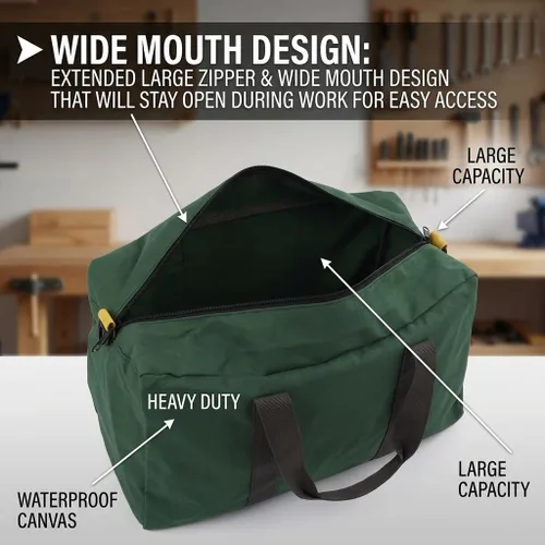 Vista 2 de Bolsa de herramientas de mano de boca ancha, impermeable, resistente, gran capacidad, con cremallera, portátil, de lona, para electricista