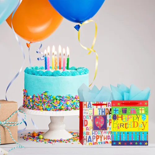 Vista 4 de Paquete de 2 bolsas grandes de regalo de cumpleaños de 12.6 pulgadas para fiesta de cumpleaños con papel de seda