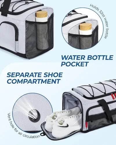 Vista 5 de BAGSMART Sports - Bolsa de viaje para gimnasio, bolsa de lona impermeable para hombres y mujeres, bolsa de entrenamiento de fin de semana, Gris
