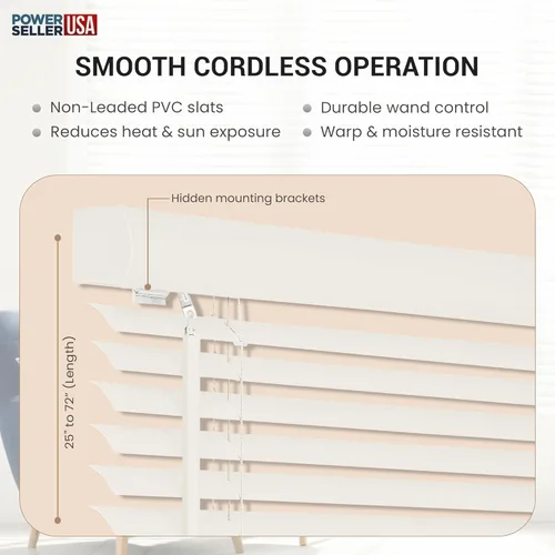 Vista 7 de PowerSellerUSA Persianas de Ventana sin Cordón, Privacidad y Filtrado de Luz, Lamas de Vinilo Minipersiana de 1", Tratamiento de Ventana Anti-UV, Se