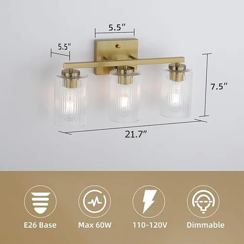 Vista 4 de Lámpara de tocador de baño dorada cepillada de 3 luces, iluminación moderna con pantalla de vidrio texturizado, accesorios de iluminación de baño