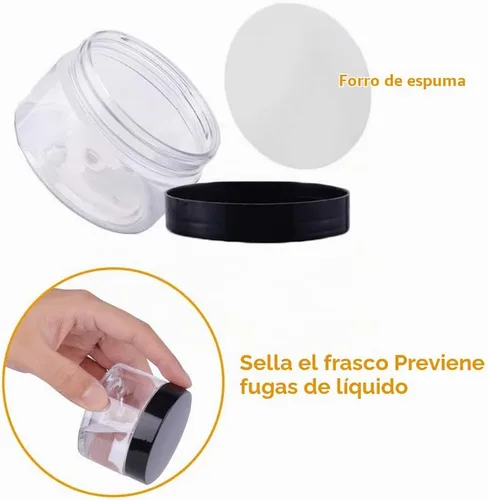 Vista 4 de Paquete de 20 recipientes redondos de plástico transparente de 2 onzas, tarros de almacenamiento de plástico vacíos con tapas negras, contenedor