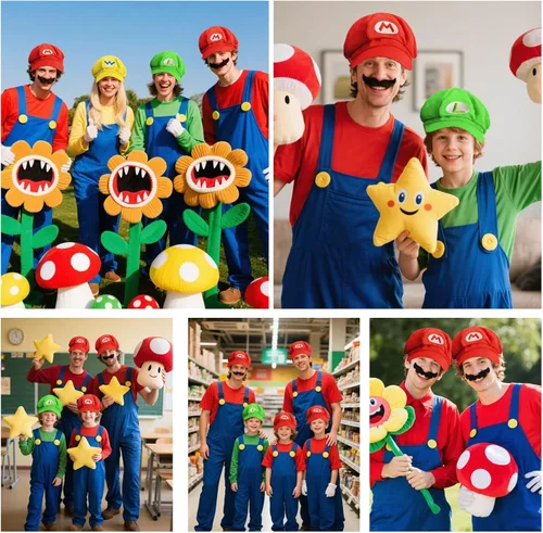 Vista 6 de Juego de 4 disfraces de Halloween de Super Bros para adultos, accesorios de sombreros de Super Bros Mary Luigi, gorras, bigotes, tirantes, guantes