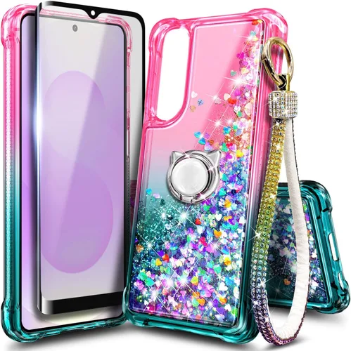 Vista 13 de Funda compatible con Samsung Galaxy S24-FE Aqua/Purple Funda líquida flotante con purpurina linda con protector de pantalla de vidrio templado