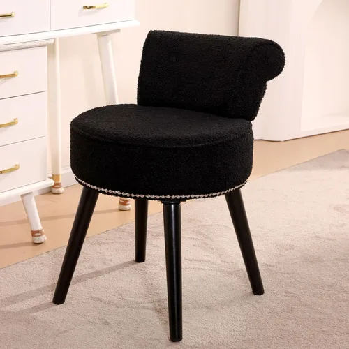 Vista 12 de Silla de tocador de terciopelo negro con respaldo pequeño, taburete de maquillaje, sillas acentuadas con botones sin ruedas, taburete de tocador