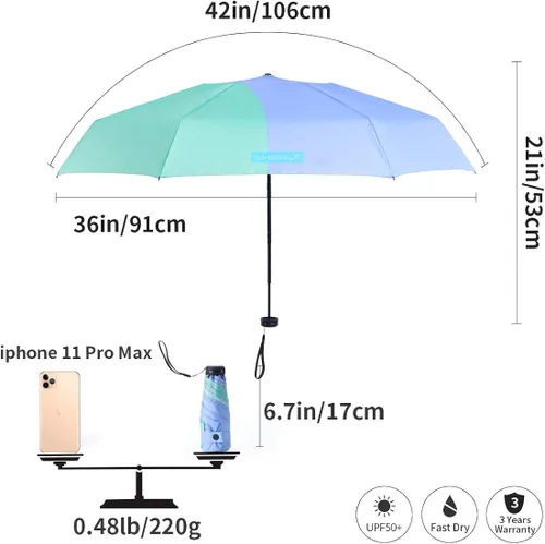 Vista 7 de RUMBRELLA Mini paraguas, paraguas de teflón con 99% de protección UV, paraguas de viaje