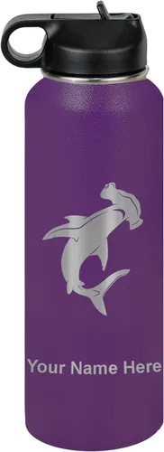 Vista 51 de LaserGram Botella de agua personalizada, tiburón martillo, acero inoxidable de doble pared aislada al vacío con popote superior, regalo grabado