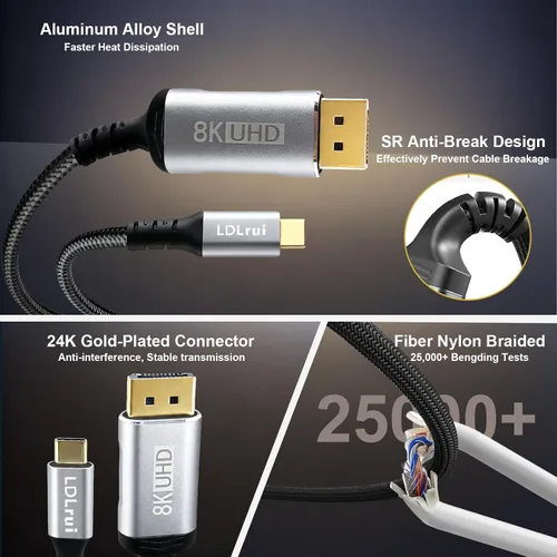 Vista 7 de LDLrui Cable USB C a DisplayPort 1.4 bidireccional 1M, 8K @60Hz 4K a 240Hz para MacBook/iPad a DP o PC a pantalla USB-C, Thunderbolt 4/3 y USB4