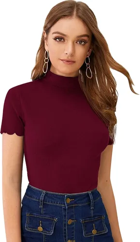Vista 8 de SweatyRocks - Camiseta de manga corta con cuello alto, canalé y bordes envoltorio para mujer Beige