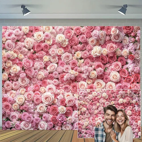 Vista 11 de Telón de fondo de flores de primavera de 5 x 3 pies para sesión de fotos de flores rosas y flores, decoración de fiesta de té, telón de fondo