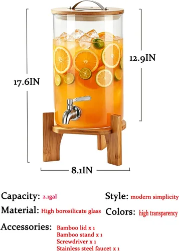 Vista 2 de Dispensador de bebidas, dispensador de bebidas de vidrio de 2.1 galones con soporte, dispensador de agua de vidrio con espita, dispensadores