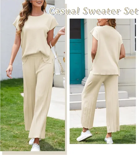Vista 4 de Conjunto de suéter de 2 piezas para mujer, conjunto de descanso de punto, chaleco y pantalones de cintura alta