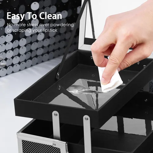 Vista 4 de FRENESSA Estuche organizador de maquillaje, caja de cosméticos, estuche portátil de maquillaje con espejo, 2 bandejas, caja de tocador de viaje