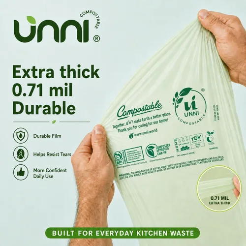 Vista 4 de Bolsas de basura compostables UNNI, 2.6 galones / 9.84 litros, 100 unidades, extra gruesas de 0.71 mil, forros para contenedores pequeños de restos