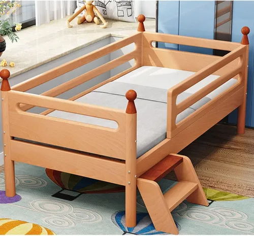Vista 2 de Cama de madera maciza con escalera, marco de cama de plataforma de madera, colchón de empalme, cama infantil ampliada con riel de seguridad