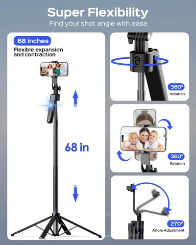 Vista 5 de NEMOVA Trípode de seguimiento facial automático de 68 pulgadas para iPhone, trípode de teléfono con rotación de 360° con control remoto inalámbrico