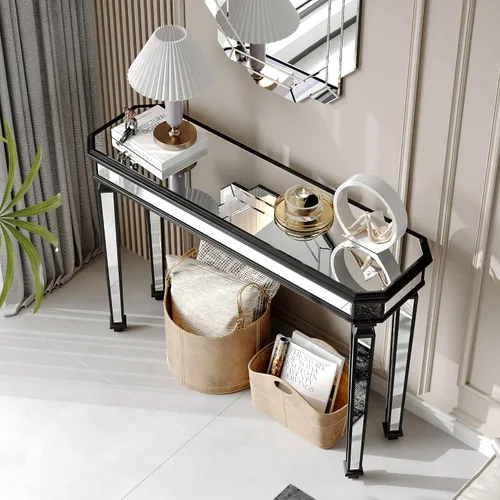 Vista 7 de Mesa Consola Negra con Espejo, Mesa de Sofá de Cristal Rectangular de 48 pulgadas con Elementos Tallados Vintage con Espejo, Muebles de Espejo