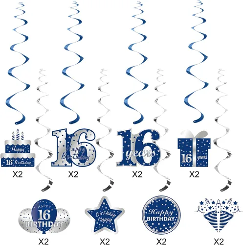 Vista 2 de Decoraciones colgantes de 16 cumpleaños azul y plateado para niños, 16 piezas de feliz cumpleaños de 16 años, suministros de fiesta de remolinos