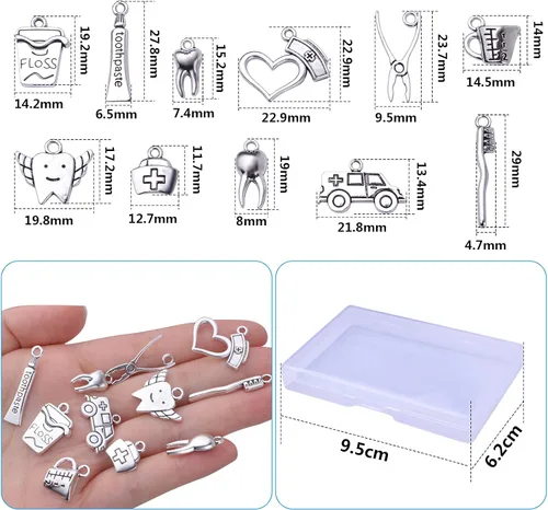 Vista 3 de 72 dijes de dientes saludables de plata antigua, dentista, higienista dental, con una caja, suministros para manualidades, joyería, collares