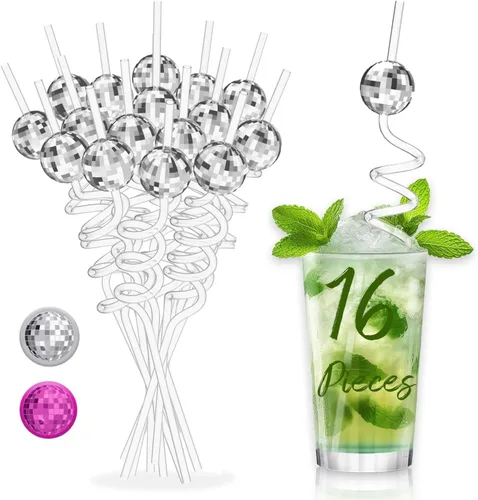 Vista 8 de 16 piezas de decoración de fiesta de discoteca, mini bola de discoteca, pajitas reutilizables, pajitas de bola de discoteca de los años 70 para Rosa