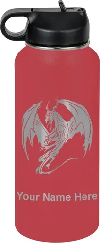 Vista 37 de LaserGram Botella de agua con tapa abatible de doble pared de 12 onzas con pajilla, dragón, grabado personalizado incluido (negro)