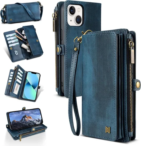 Vista 27 de Funda tipo cartera para iPhone 16 Pro Max con 8 tarjeteros, bloqueo RFID, piel sintética, función atril, abatible, correa de muñeca y correa