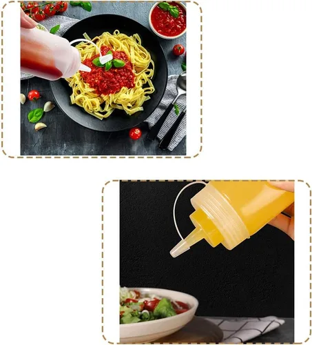 Vista 4 de 15 botellas exprimibles de 8 onzas, botella de plástico para condimentos con tapas giratorias, botella exprimible para salsas, salsa de tomate