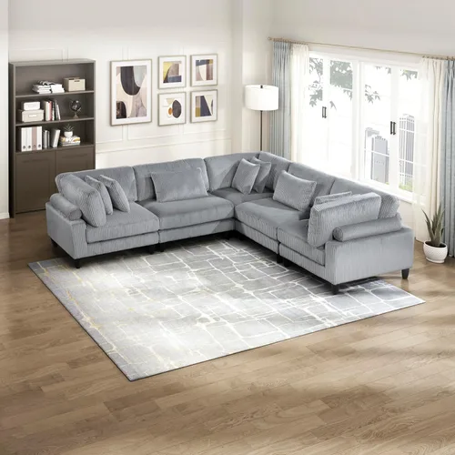 Vista 24 de Lexicon Sofá modular de 120 pulgadas, sofá modular de microfibra de gran tamaño de 4 plazas en forma de L, 6 almohadas decorativas y arreglo Beige