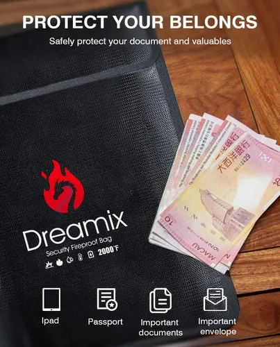 Vista 3 de Dreamix Bolsa de documentos ignífuga e impermeable, almacenamiento seguro, objetos de valor, joyería en efectivo, documentos legales, archivo